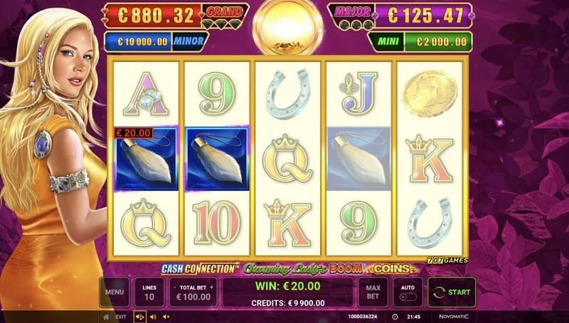 Cash Connection - Charming Lady's Boom Coins - basic na screen na may panalong linya