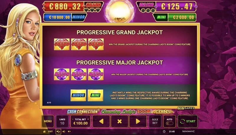 Cash Connection - Charming Lady's Boom Coins - Mini, Minor, Major at Grand Jackpot table