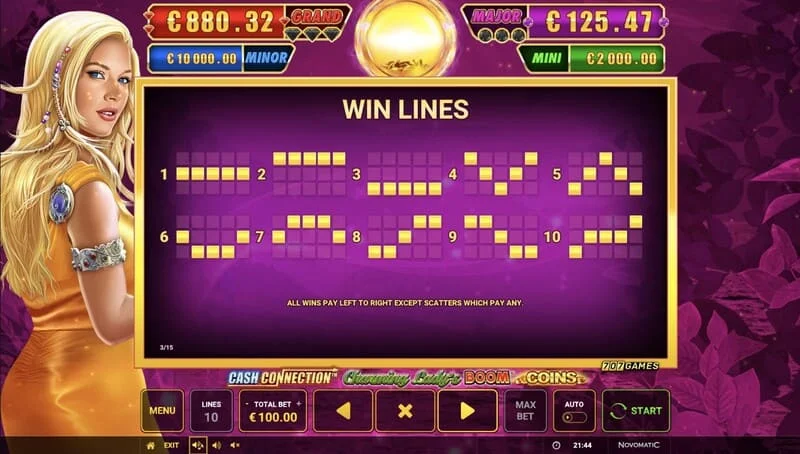 Cash Connection - Charming Lady's Boom Coins - paylines at Wild Charming Lady